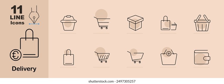 Shopping and delivery icons set. Shopping bag with euro sign, basket, shopping cart, delivery box, package, shopping bag with money, product box, add to cart, wallet. Linear e-commerce