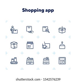 Shopping and delivery icons. Set of line icons. Cash register, conveyor belt, cardboard box. Logistics concept. Vector illustration can be used for topics like shipping, transportation, business