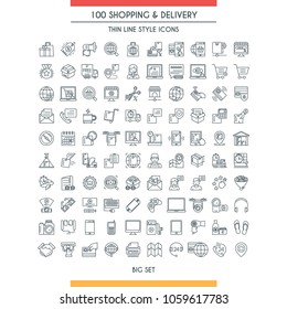 Shopping and delivery icons set. Modern icons on theme commerce, shopping, payments and business. Thin line design icons collection. Vector illustration