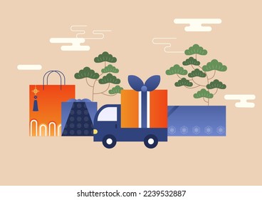 Shopping and delivery illustration for Korean holidays.