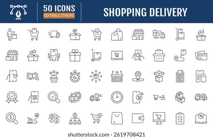 Shopping delivery line editable icons set. Containing Shopping, E-Commerce, Store, Discount, Shopping Cart, Delivering, Wallet, Courier and more. Vector Illustration