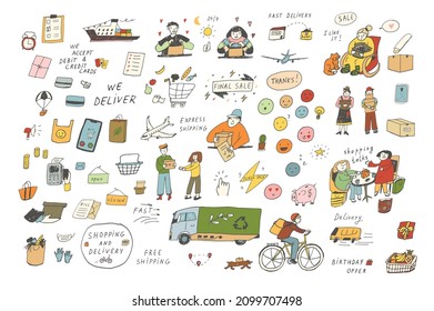 Shopping delivery objects and people vector illustrations set