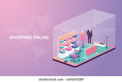 Shopping and delivery online concept. Giant smart phone with product isolated on background. Vector illustration design.