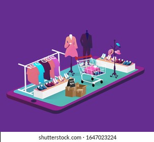 Shopping and delivery online concept. Giant smart phone with product isolated on background. Vector illustration design.