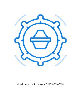 
Shopping delivery process vector line icon. Payment technology and quality delivery. Gear with box in center. Retail online trading with electronic optimization. Credit sales support center services.