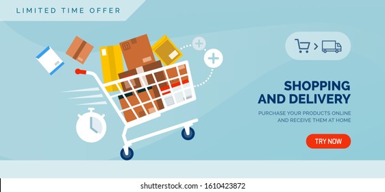 Shopping and delivery promotional sale banner with shopping cart full of delivery boxes and envelopes
