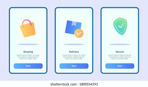 Shopping delivery secure for mobile apps template banner page UI with three variations modern flat color style.