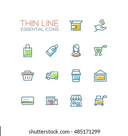 Shopping and delivery symbols - set of modern vector thick line design icons and pictograms. Box, coin, hand, bag, tag, female etc