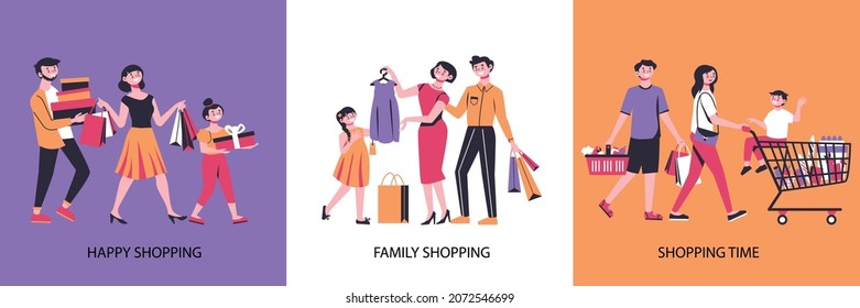 Shopping design concept with three square compositions of buyers characters with purchased goods and text captions vector illustration