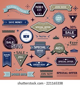 Shopping Design Elements, Stickers And Labels In Retro And Vintage Style, Premium Quality And Satisfaction Guaranteed - Isolated On Background. Vector Illustration, Graphic And Design  
