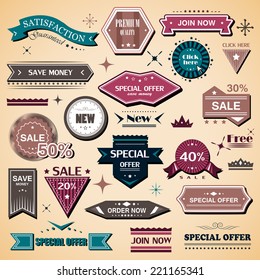 Shopping Design Elements, Stickers And Labels In Retro And Vintage Style, Premium Quality And Satisfaction Guaranteed - Isolated On Background. Vector Illustration, Graphic Design  