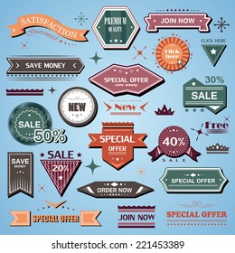 Shopping Design Elements, Stickers And Labels In Retro And Vintage Style, Premium Quality And Satisfaction Guaranteed - Isolated On Background. Vector Illustration, Graphic Design  