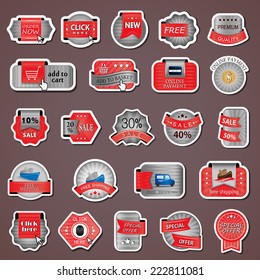 Shopping Design Elements, Stickers And Labels In Retro And Vintage Style, Premium Quality And Special Offer - Isolated On Background. Vector Illustration, Graphic Design Editable For Your Design 