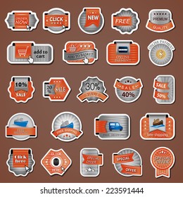 Shopping Design Elements, Stickers And Labels In Retro And Vintage Style, Premium Quality And Special Offer - Isolated On Background. Vector Illustration, Graphic Design Editable For Your Design 