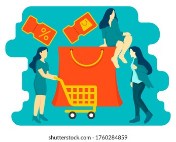 shopping discount celebration, illustration of a woman hobby shopping