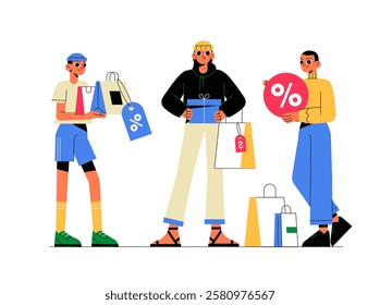 Shopping Discount Event, Group of Young Adults Holding Sale Bags in Flat Vector Illustration Symbolizing Retail Sales, Shopping Spree, and Consumer Discounts, Isolated on White Background