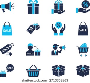 Shopping and discount flat icons set, megaphone announcement, gift boxes, sale tags and shopping carts