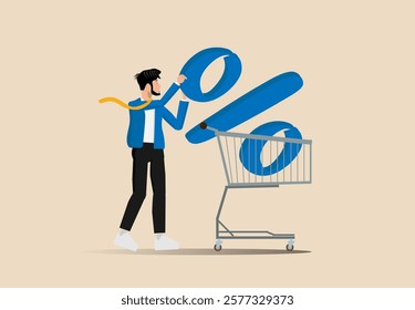 Shopping discount percentage, businessman investor or consumer pushing shopping cart trolley with big percentage sign, mortgage loan interest rate or investment earning and profit concept. 