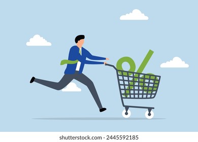 Shopping discount percentage, customer pushing shopping cart trolley with huge percentage sign.