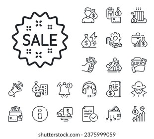 Shopping discount sign. Cash money, loan and mortgage outline icons. Sale line icon. Clearance symbol. Sale line sign. Credit card, crypto wallet icon. Inflation, job salary. Vector