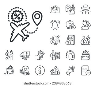 Shopping discount sign. Cash money, loan and mortgage outline icons. Flight sale line icon. Clearance symbol. Flight sale line sign. Credit card, crypto wallet icon. Inflation, job salary. Vector