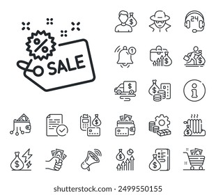 Shopping discount sign. Cash money, loan and mortgage outline icons. Sale tag line icon. Clearance symbol. Sale line sign. Credit card, crypto wallet icon. Inflation, job salary. Vector