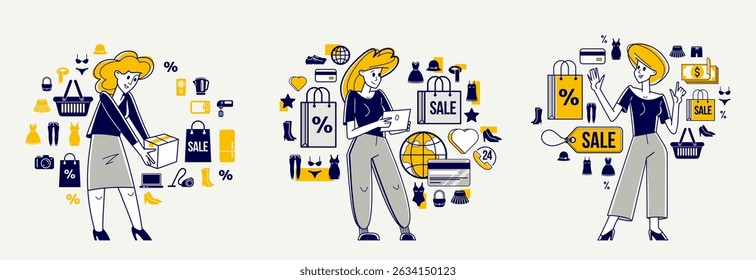 Compras e desconto vetor esboço ilustração conjunto, loja trabalhador gerenciando bens ou cliente têm uma grande escolha e desfrutando de preços baratos, consultor consultor.