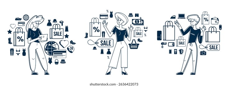 Shopping and discount vector outline illustration set, store worker managing goods or customer have a big choice and enjoying cheap prices, adviser consultant.
