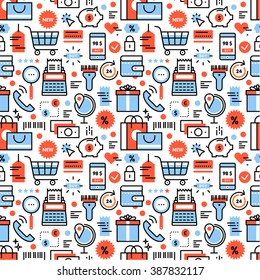 Shopping and discounts icons square seamless pattern. For store sales decoration. Thin line art flat objects texture illustration.