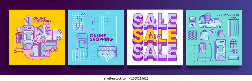 Shopping, Discounts and Sale, Online Store, delivery and Online Commerce. Vector illustration , geometric , flat style, linear elements with outline. 