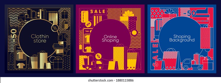 Shopping, Discounts and Sale, Online Store, delivery and Online Commerce. Vector illustration , geometric , flat style, linear elements with outline. 