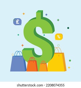 Diseño plano vectorial de monedas en dólares de compras