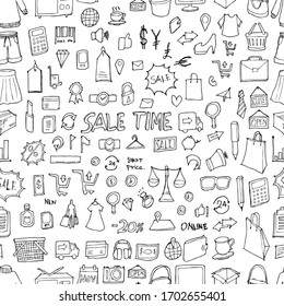 Shopping doodle background seamless pattern. Drawing vector illustration hand drawn