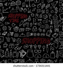 Shopping doodle background seamless pattern. Drawing illustration hand drawn vector on chalkboard