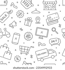 Shopping doodle outline seamless pattern background vector illustration