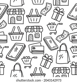 Shopping doodle pattern with black and white color suitable for background. Shopping doodle vectors