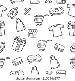 Shopping doodle seamless pattern with cute design. Set of shopping doodle illustration