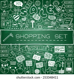 Shopping doodle set. Chalk board effect. Hand drawn icons collection with discount tags, computer, smartphone, gift box, hearts, stars and banners. Online shopping, holiday and season sale concept.