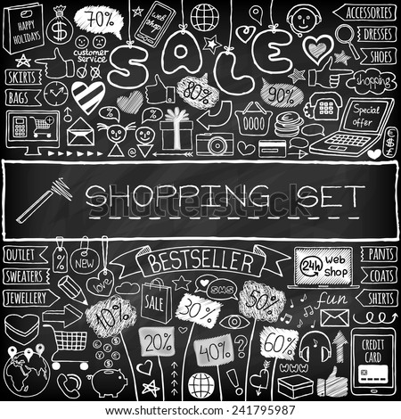 Shopping doodle set. Chalk board effect. Hand drawn icons collection with discount tags, computer, smartphone, gift box, hearts, stars and banners. Online shopping, holiday and season sale concept.