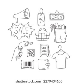 Juego de doodles de compras. Colección vectorial dibujada a mano con elementos de arte y símbolos aislados de línea negra. Esbozo de compras