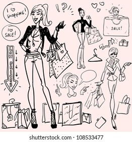 Shopping doodles, hand drawn set of pretty women with shopping bags