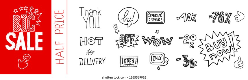 Shopping doodles set. Big Sale hand lettered logo. Hand drawn vintage style. Vector illustration. For banners, posters, flyers.
