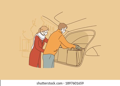 Shopping during coronavirus epidemic concept. Young family wearing medical protective face masks taking shopping bags from car after shopping during COVID-19 pandemic vector illustration