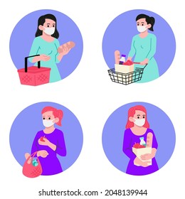 Shopping during Covid-19 pandemic elements collection, flat icons set, Colorful symbols pack contains - woman in medical mask holding shopping basket with groceries. Vector illustration. Flat style 