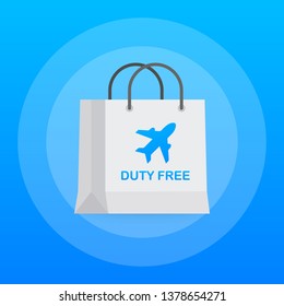 Shopping duty free paper bag. Cartoon cute icon shop sale packaging. Vector stock illustration.