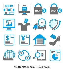 shopping, e commerce icons, blue color theme