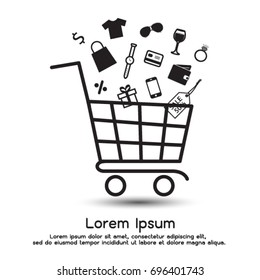 Shopping and E Commerce Icons on Shopping Cart