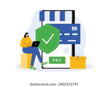 Shopping in e commerce using verified mobile banking, secure payment vector illustration.