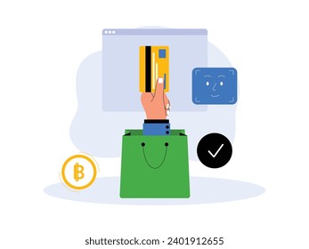 Shopping with e money by scanning face id for transaction, secure payment vector illustration.