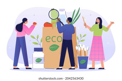 Shopping with eco friendly bag concept. Men and women buy natural products in organic packages. Caring for environment and planet. Cartoon flat vector illustration isolated on white background